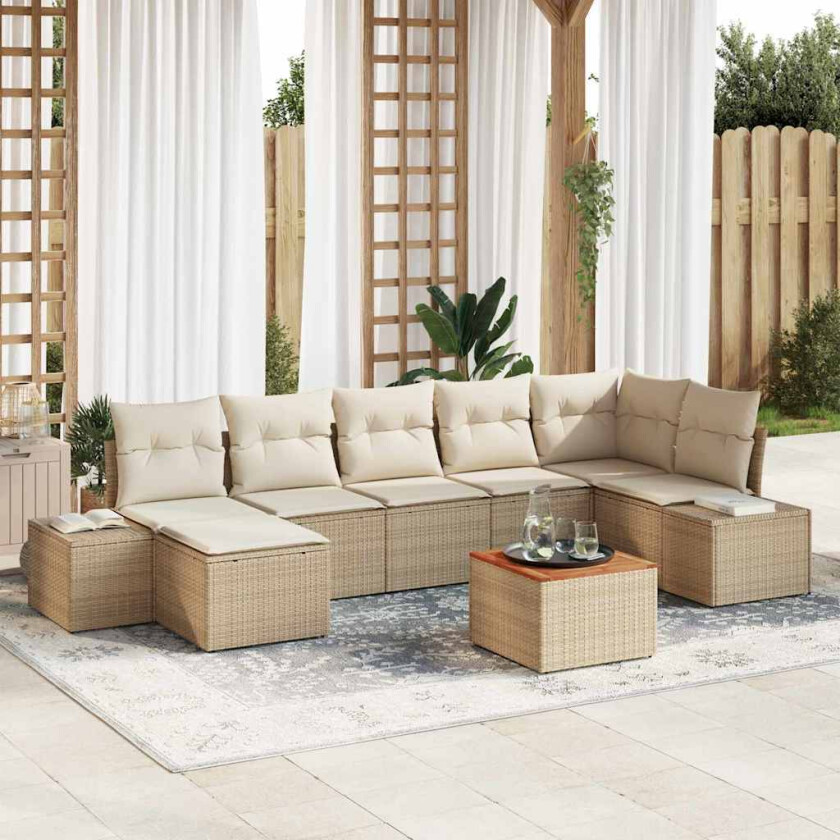 Hagesofa sett 8 pcs Beige og Hvit Poly Rattan, Polyester