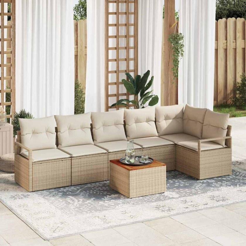 Hagemøbelsett 7 pcs Beige, hvit Stor Rattan, Metall, Stoff
