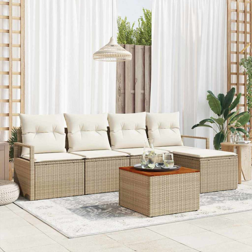 Hagemøbelsett 6 pcs Beige, hvit Stor Rattan og stoff