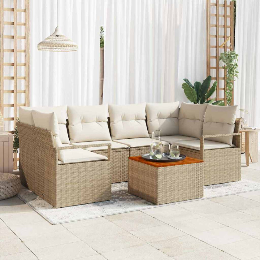 Hagesofa Sett 7 pcs Beige, hvit Stor Rattan, tre