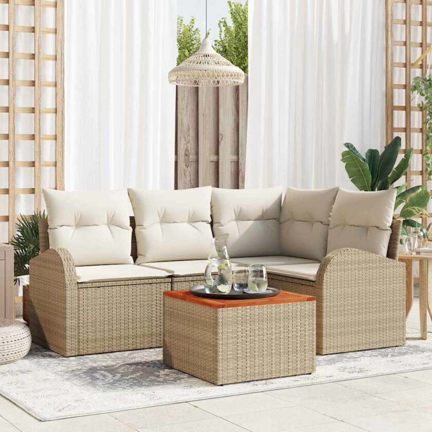 Hagesofa sett 5 pcs Beige, hvit Stor Rattan, stoffputer