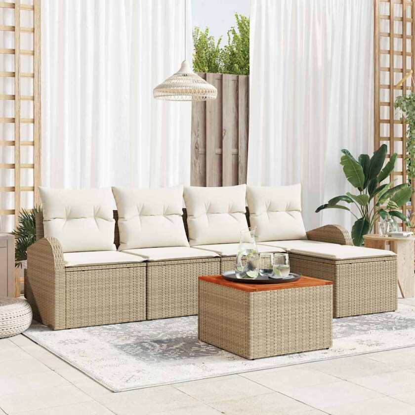 Hagemøbelsett 6 pcs Beige, hvit Stor Poly Rattan, Tre