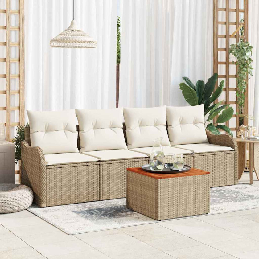 Hagesofa-sett 5 pcs Beige, hvit Stor Poly rattan, tre