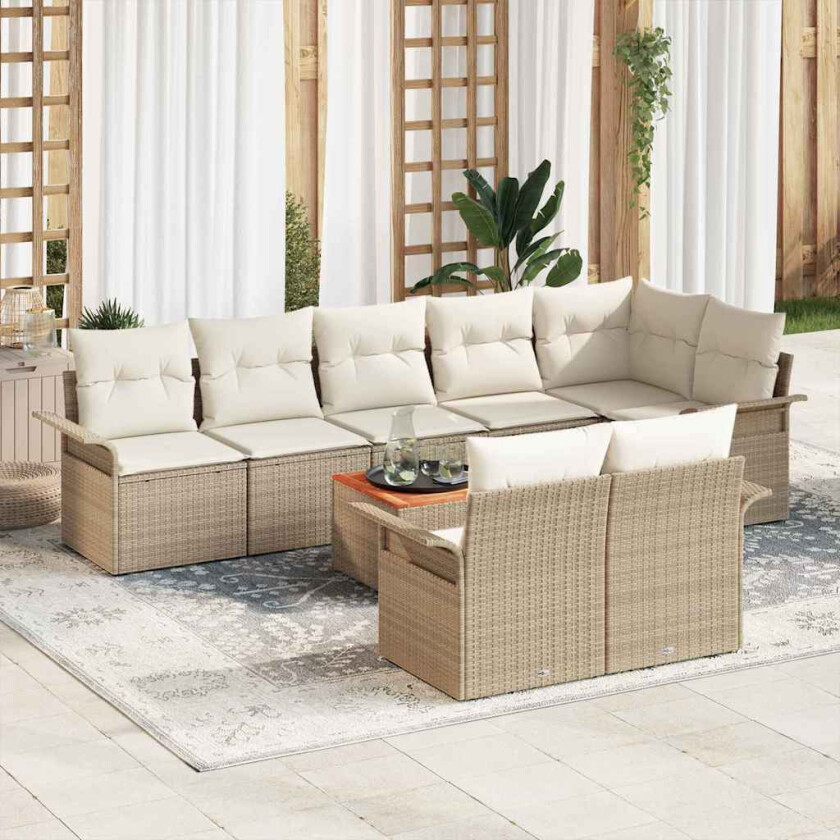 9 Dels Hage Sofa Set med Puter Beige Poly Rattan Akasie