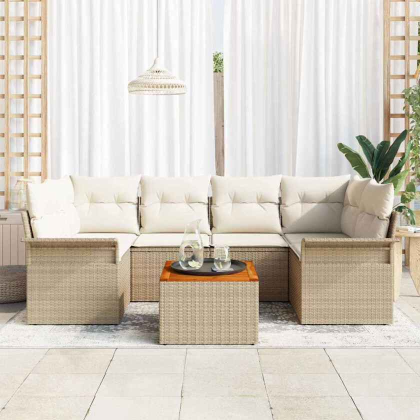 7-delt hagesofa med puter i beige poly rattan og akacia