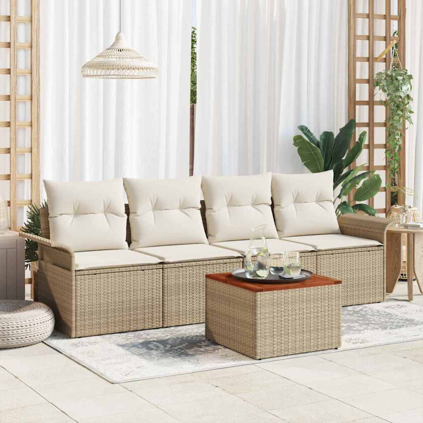 5-delt hagesofa-sett med puter, beige poly rattan, akasie