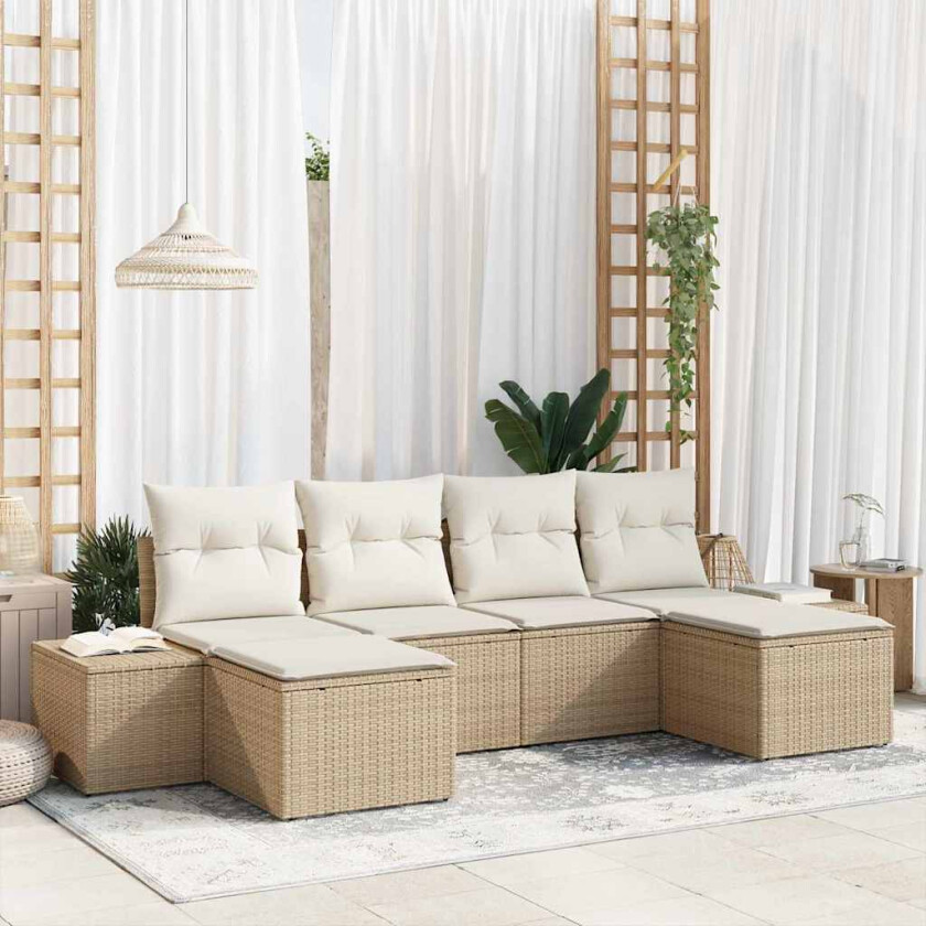 6-delers hagesofa sett med puter i beige poly rattan