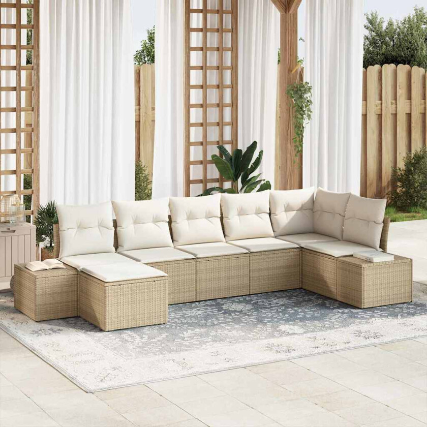7-delt hagesofa-sett med puter i beige poly rattan