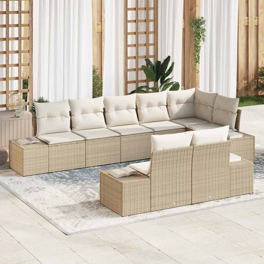 8 Delt Hagesofa Set med Puter i Beige Poly Rattan