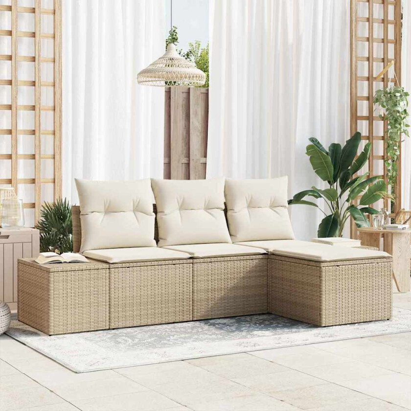 4-delt hagesofa med puter i beige poly rattan