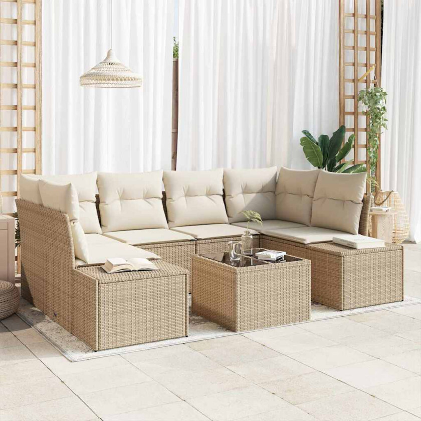 7-delt hagesofa-sett med puter i beige poly-rattan