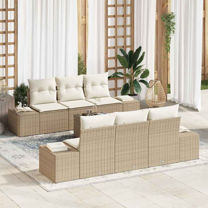 7-delt hagesofa-sett med puter i beige poly rattan