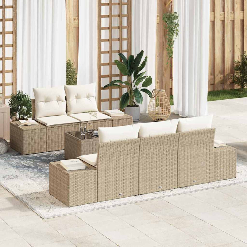 6-delt hagesofa sett med puter i beige poly rattan