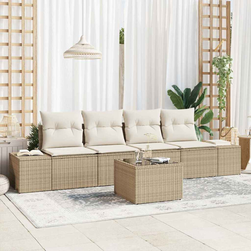 5-delt hagesofa-sett med puter i beige poly rattan