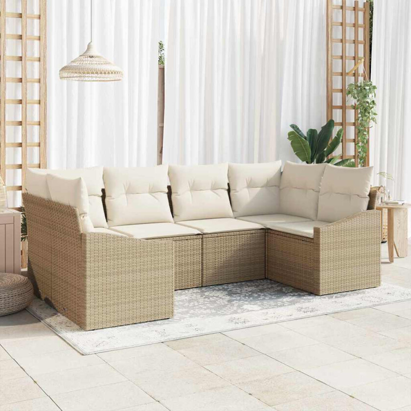 6-delt hagesofa sett med puter i beige poly rattan