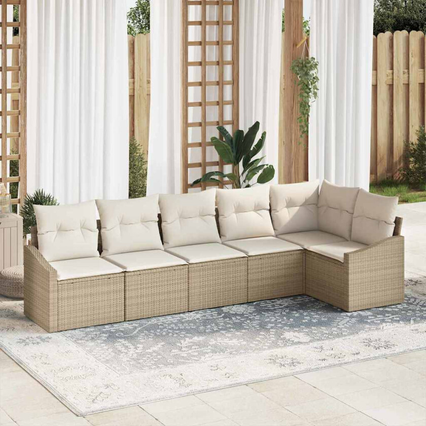 6-dels hagesett med puter, beige poly rattan