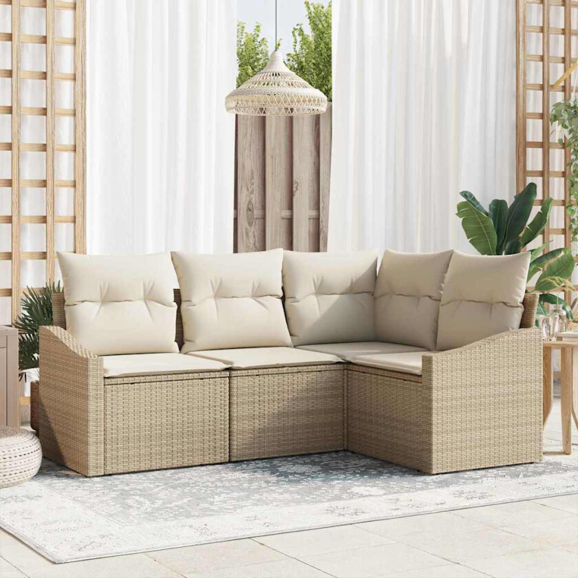 4-delt hage spisegruppe med puter, beige poly rattan