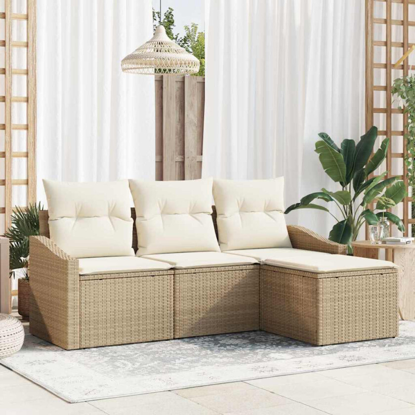 4-Delt Hagesofa Sete med Puter - Beige Poly Rattan.