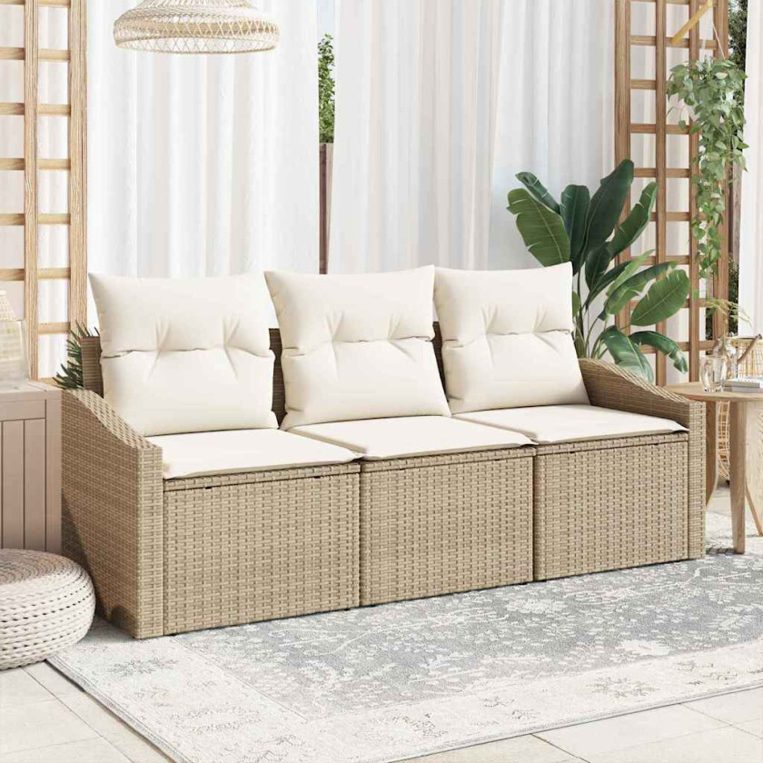 3-delt hage spisebordsett med puter i beige poly rattan