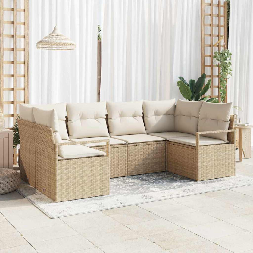 6-delt hagesofa med puter i beige poly rattan