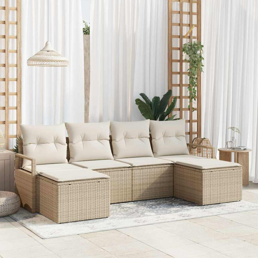 6-delt hagesofa-sett med puter i beige poly rattan