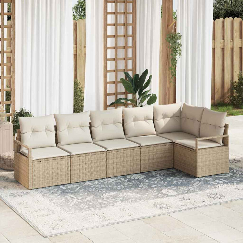 6-delt hagesofa med puter i beige poly rattan