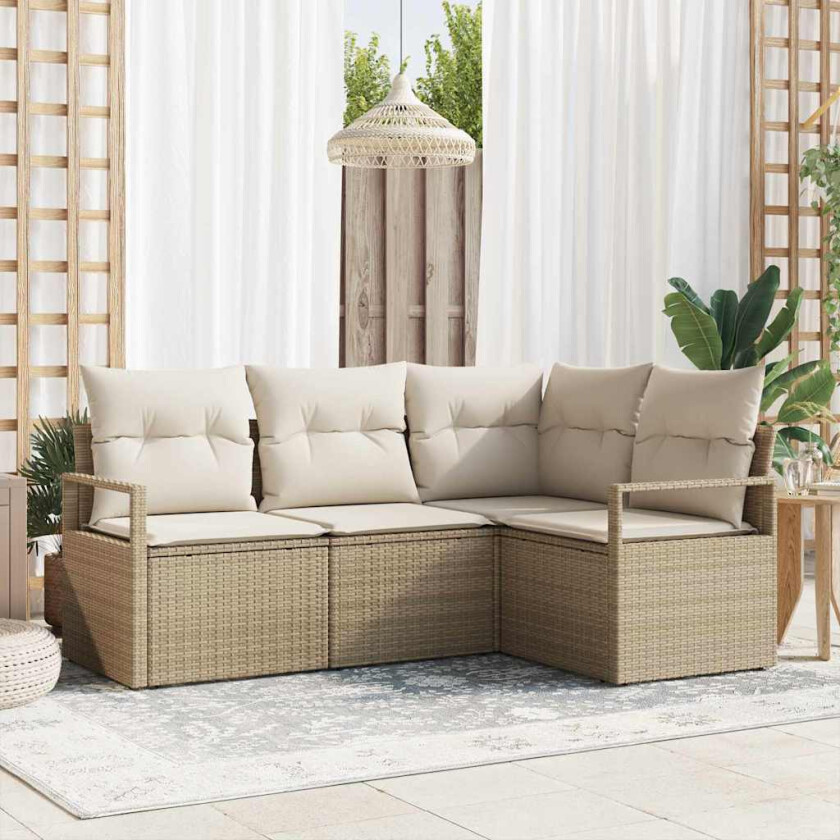 4-delt hagesofa sett med puter i beige poly rattan