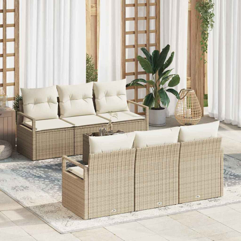 7-deles hagesofa-sett med puter i beige poly rattan