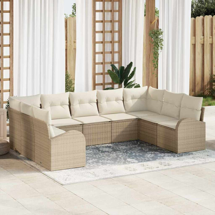 9 Delt Hagesofa Set med Puter Beige Poly Rattan