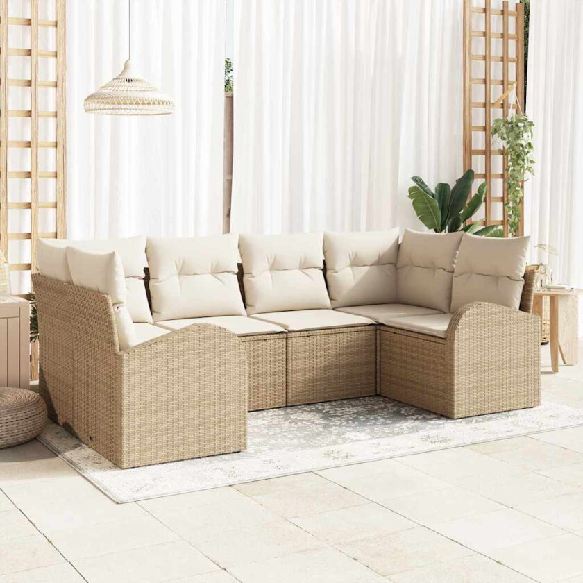 6-delt hagesofa-sett med puter i beige poly rattan