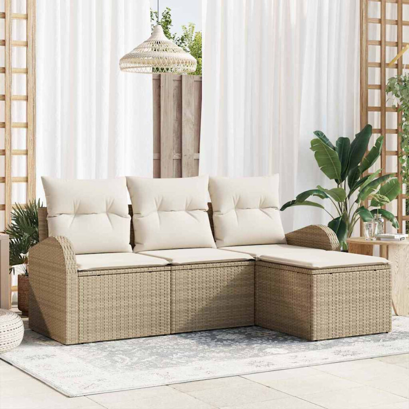 4 Delers Hage Sofa Sett med Puter Beige Poly Rattan