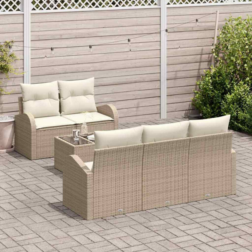 6-delt hagesofa set med puter, beige poly rattan