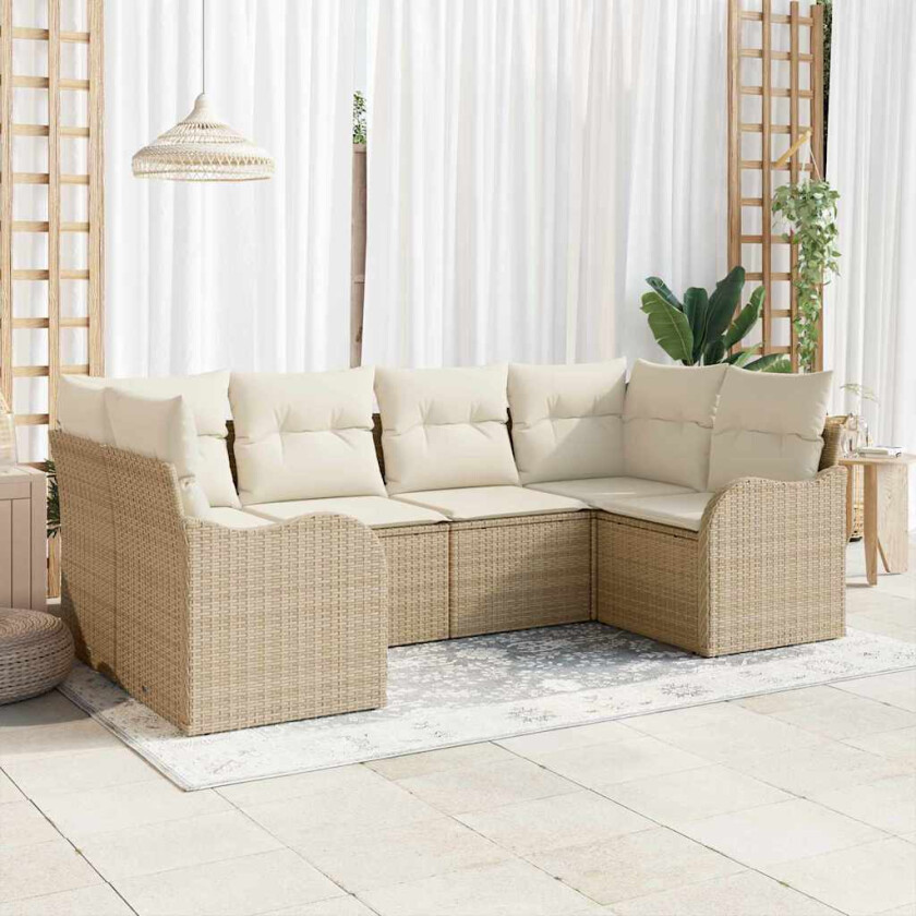 6 Delt Hage Sofa Set med Puter Beige Poly Rattan