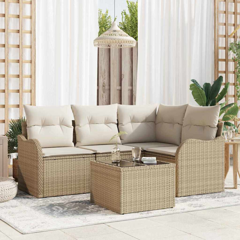 5 Dels Hagesofa Set Med Puter Brun Poly Rattan