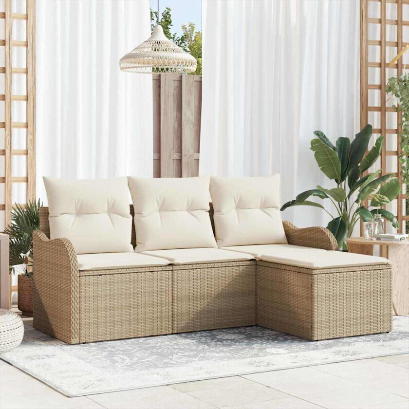 4-personers Hagesofa Set med Puter Beige Poly Rottning