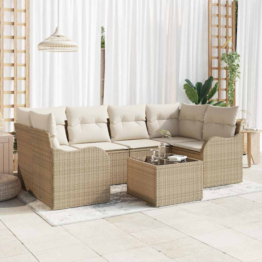 7-delt hagesofa-sett med puter i beige poly rattan