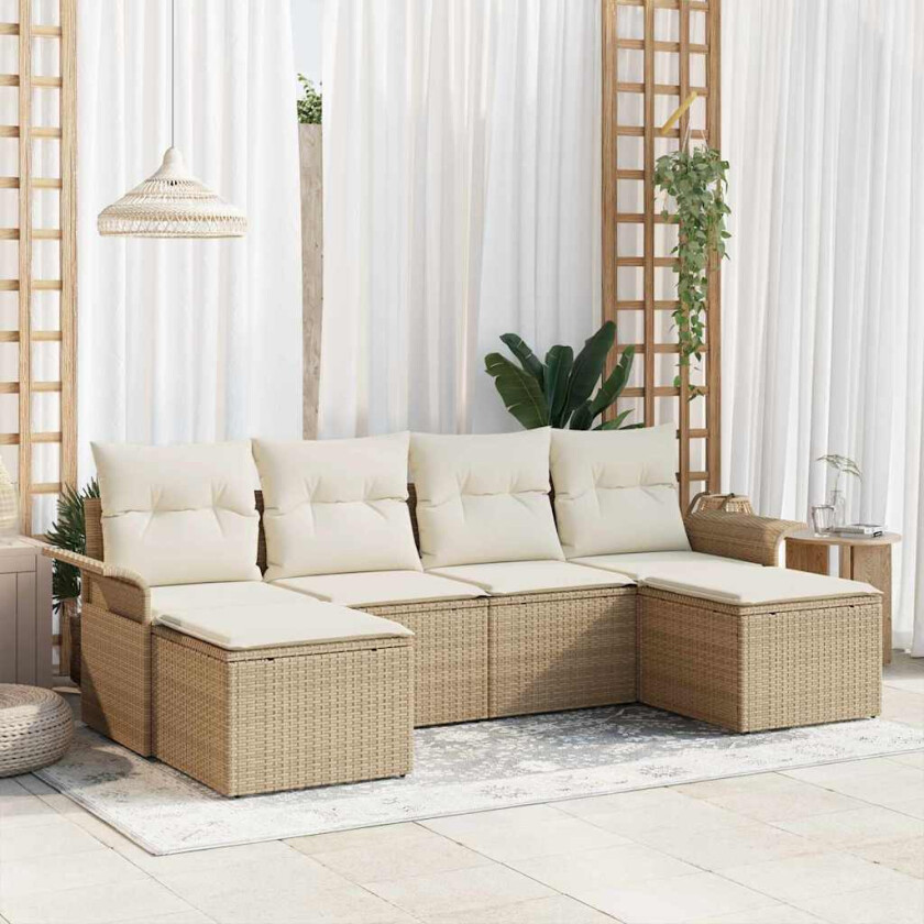 6-delt Hagesofa Set med Puter Beige Poly Rattan