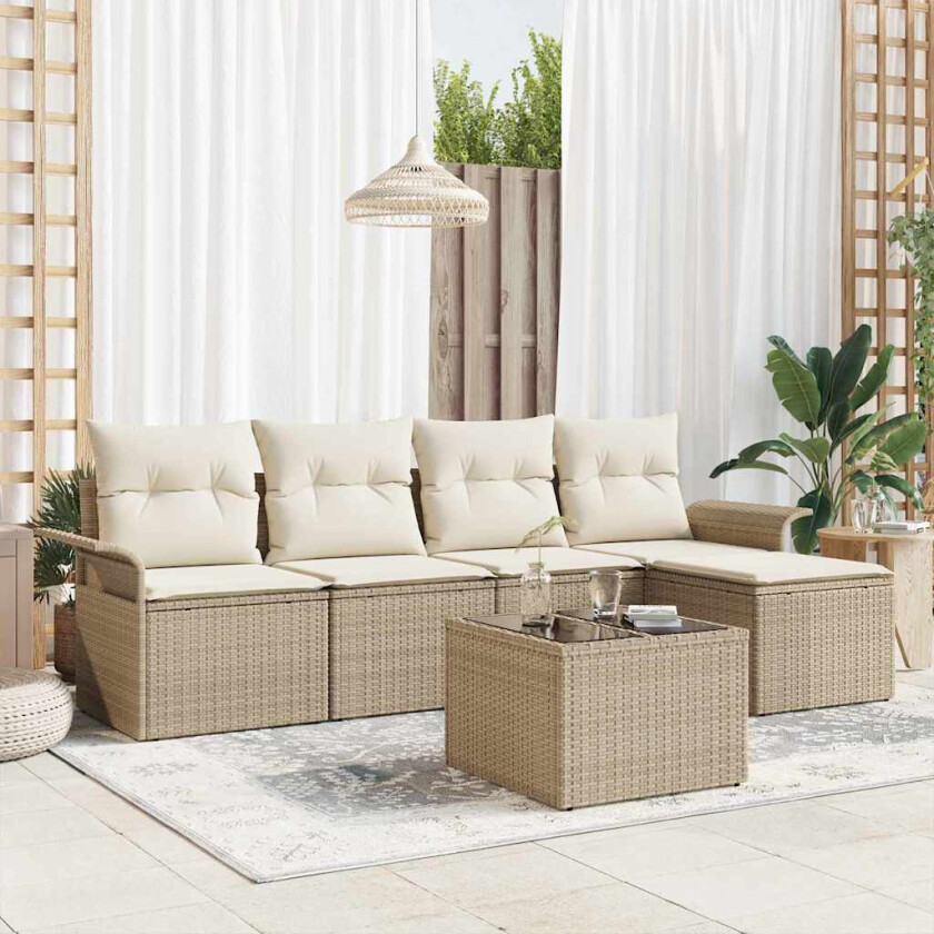 6 Delt Hage Sofa Sett med Puter - Brun Poly Rattan