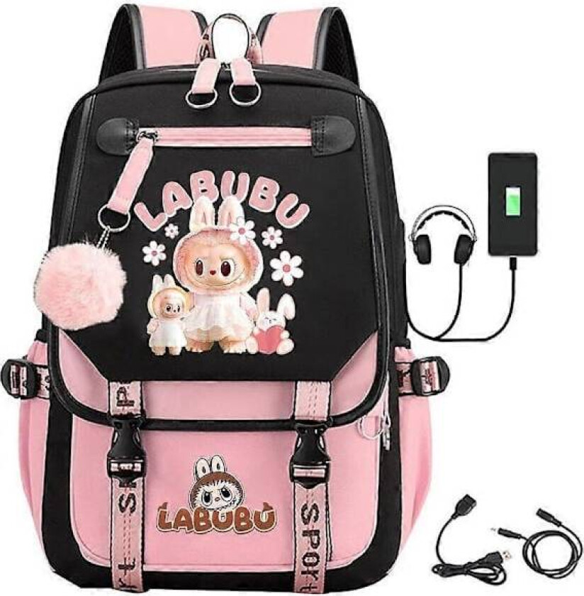 Ny tegneserie La.bu.bu USB-lade Ryggsekk Studenter Skolesekk For Menn Kvinner Barn - Perfekt Svart Rosa B