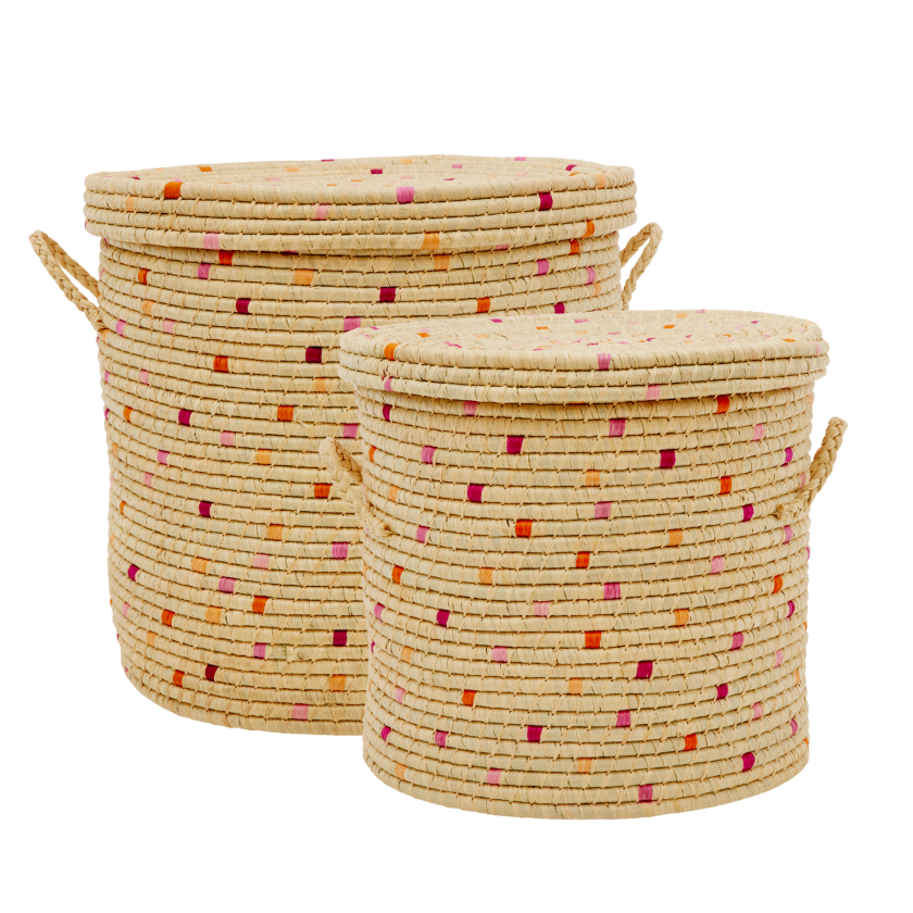 - Laundry Basket in Raffia with Red Details - Set of 2