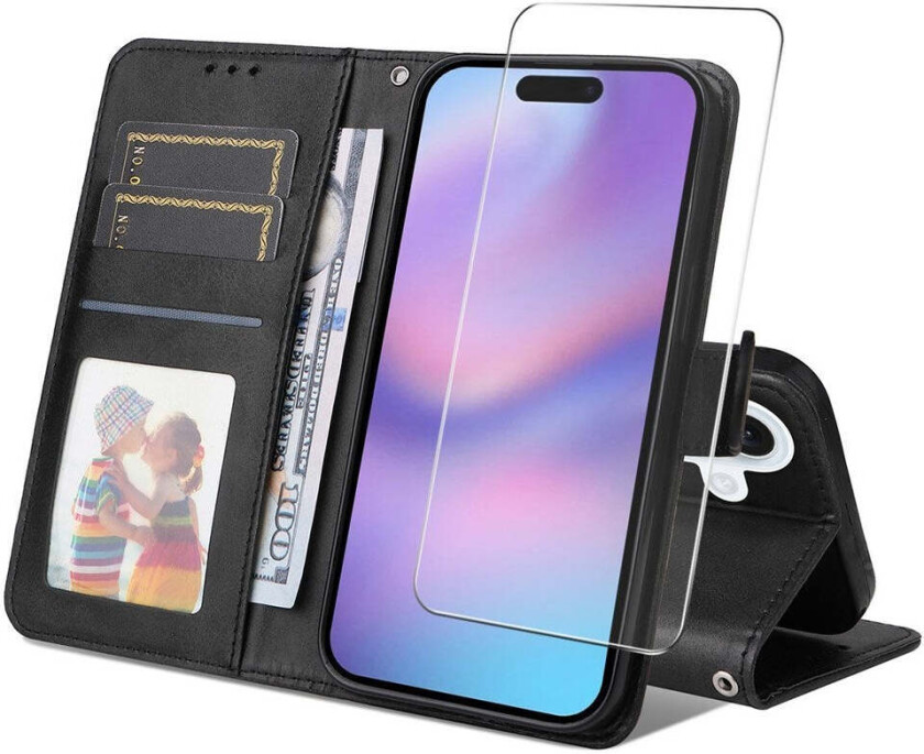 iPhone 17 2-i-1 Kunstskinn Flip Deksel med Skjermbeskyttelsesglass - Svart