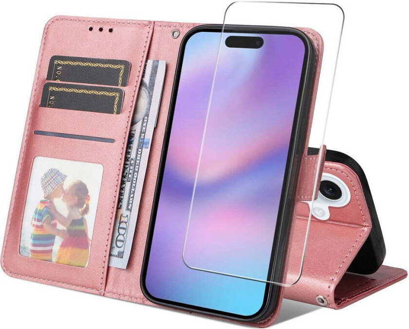 iPhone 17 2-i-1 Kunstskinn Flip Deksel med Skjermbeskyttelsesglass - Rosa