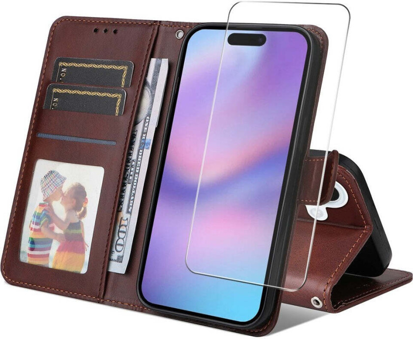 iPhone 17 2-i-1 Kunstskinn Flip Deksel med Skjermbeskyttelsesglass - Brun