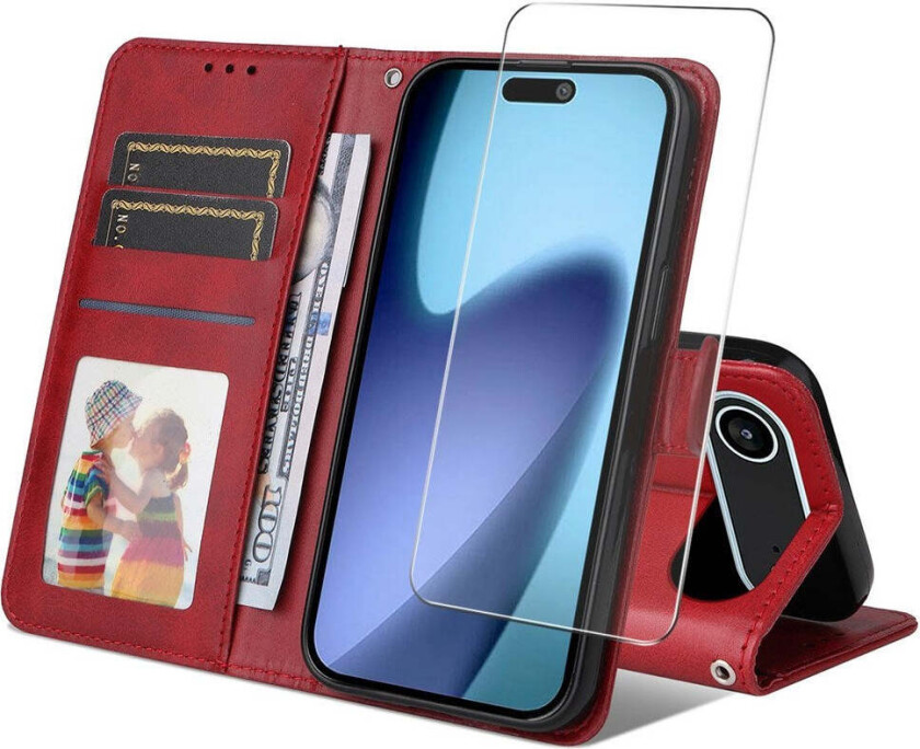 iPhone 17 Air 2-i-1 Kunstskinn Flip Deksel med Skjermbeskyttelsesglass - Rød