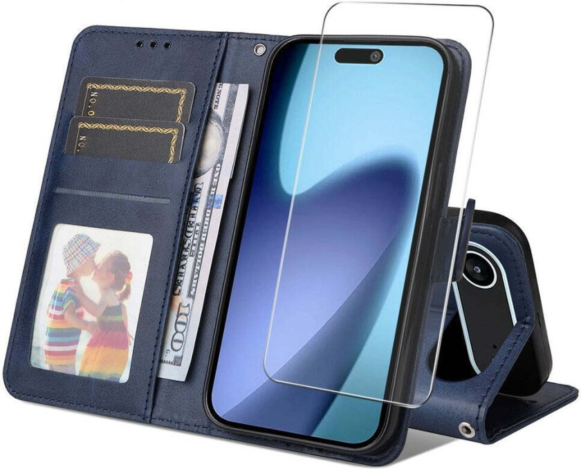 iPhone 17 Air 2-i-1 Kunstskinn Flip Deksel med Skjermbeskyttelsesglass - Blå