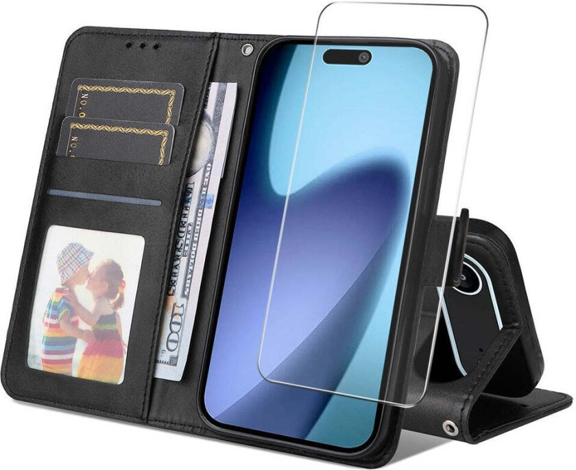 iPhone 17 Air 2-i-1 Kunstskinn Flip Deksel med Skjermbeskyttelsesglass - Svart