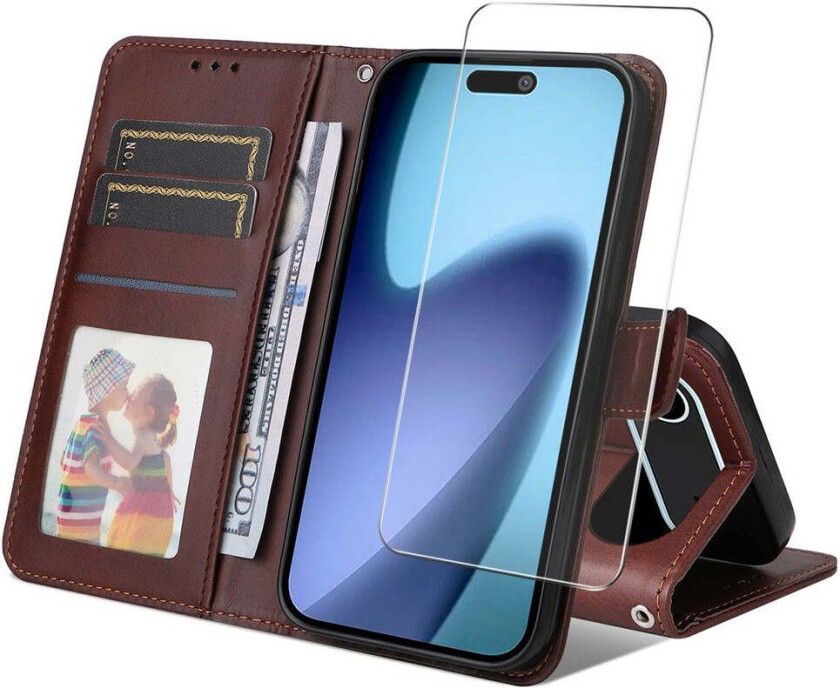 iPhone 17 Air 2-i-1 Kunstskinn Flip Deksel med Skjermbeskyttelsesglass - Brun