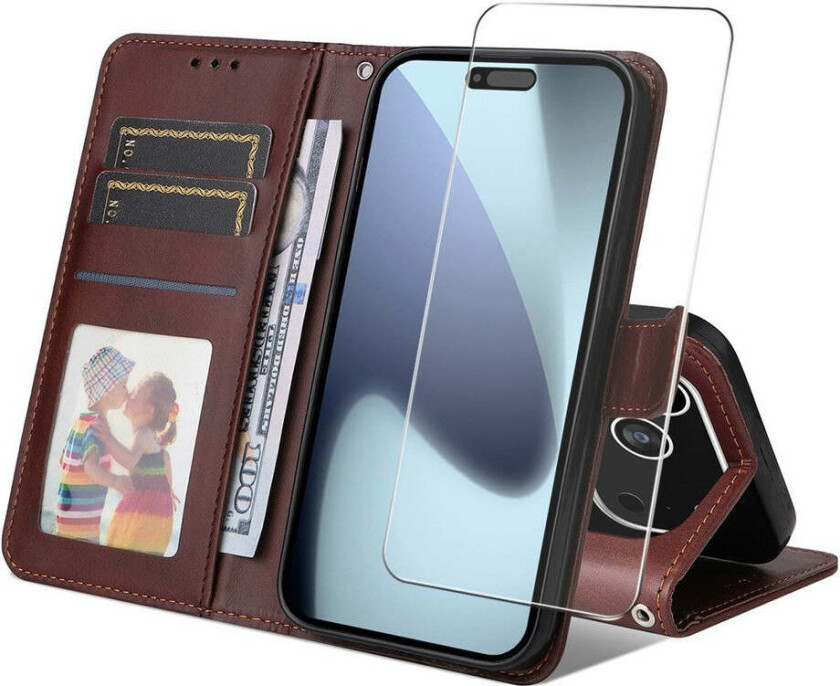 iPhone 17 Pro 2-i-1 Kunstskinn Flip Deksel med Skjermbeskyttelsesglass - Brun