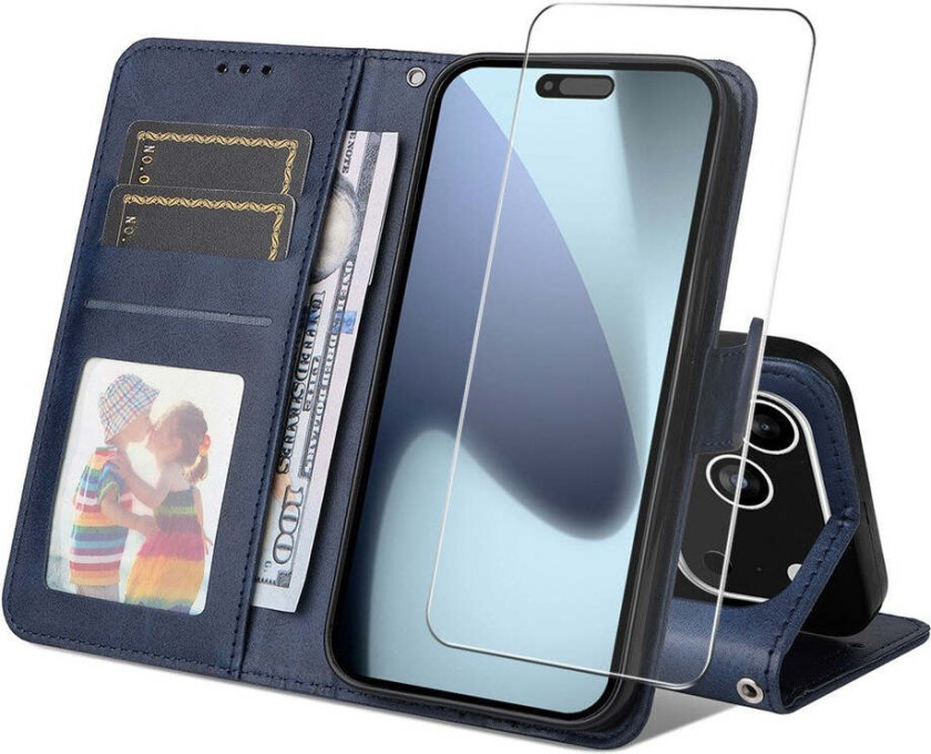 iPhone 17 Pro 2-i-1 Kunstskinn Flip Deksel med Skjermbeskyttelsesglass - Blå