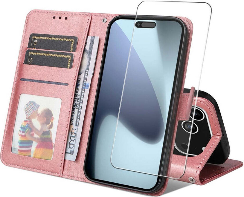 iPhone 17 Pro 2-i-1 Kunstskinn Flip Deksel med Skjermbeskyttelsesglass - Rosa